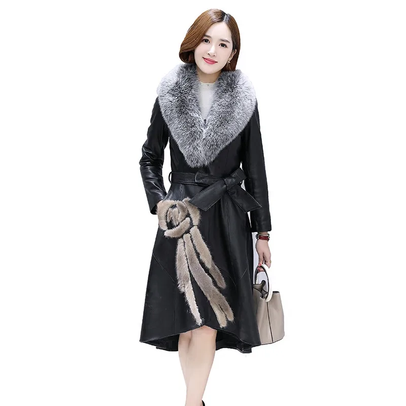 Women Genuine Leather Coat Large Size Fox Fur Collar Jacket 2019 New Mid Long Sheepskin Leather Coat Women Slim Windbreaker FC65
