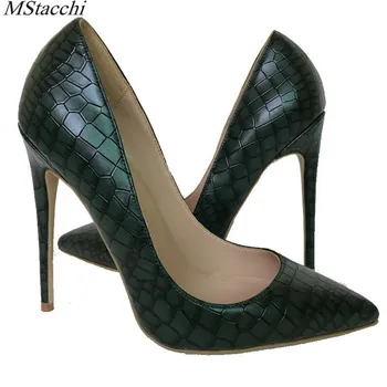 

Mstacchi 2018 New Arrival Women Shoes Dark Green Stone Pattern Leather Shallow Mouth 12cm/10cm/8cm Thin Heel Pumps Party Shoes