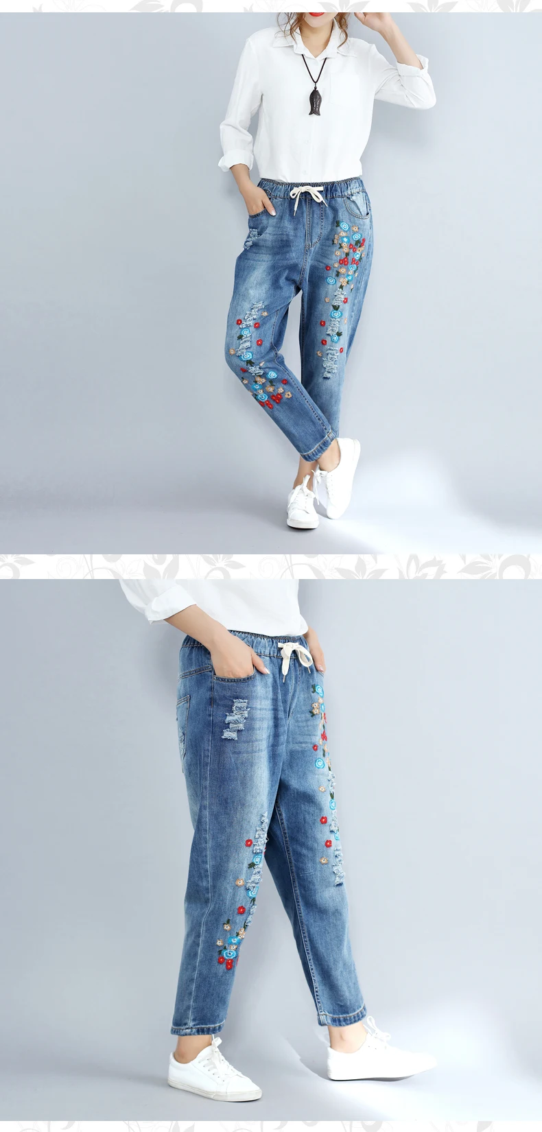 Женские джинсы большого размера с цветами, женские осенние повседневные штаны с вышивкой, свободные тонкие рваные джинсы для женщин