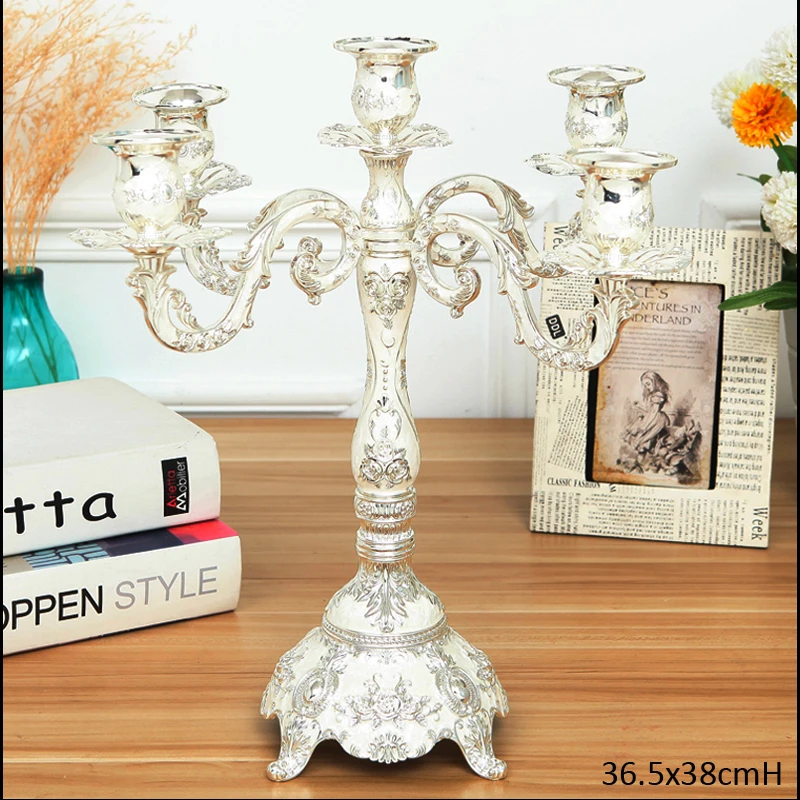 

Vintage Classic Embossed Rose Flower Design Shiny Silver Plating with White Hand Painted Table Decor 5 Cups Stick Candle Holder