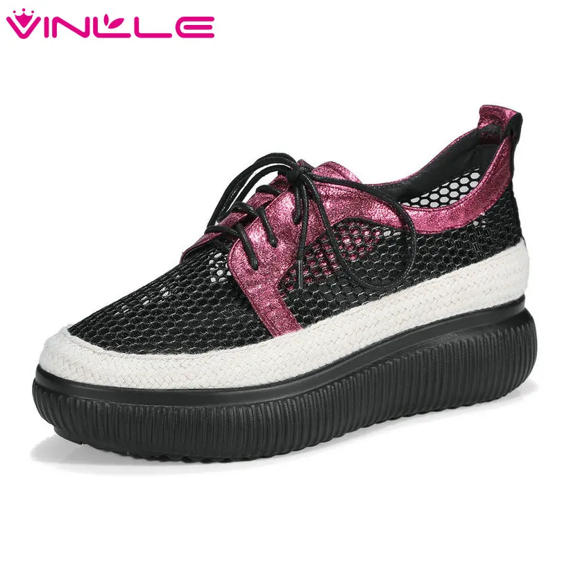 

VINLLE 2018 Women Pumps Pointed Toe Med Heel Genuine Leather Lace Up Cut Outs Ladies Casual Shoes Slip on Size 34-39