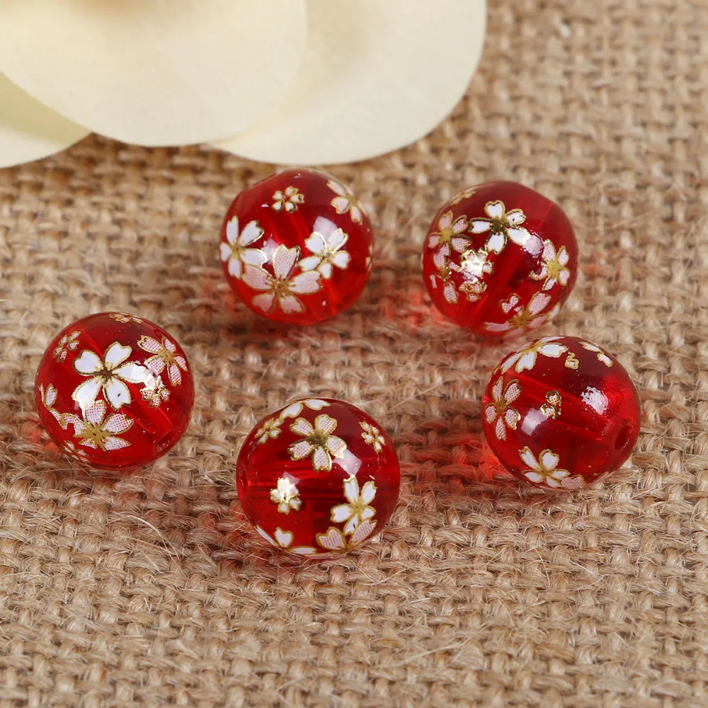 

DoreenBeads Glass Painting Vintage Japanese Tensha Beads Round Sakura Flower Pattern Transparent About 12mm( 4/8") Dia, 5 PCs