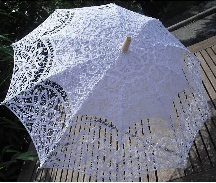White Wedding Umbrella Bridal Lace Cotton Wood Parasol Marriage Outside ...