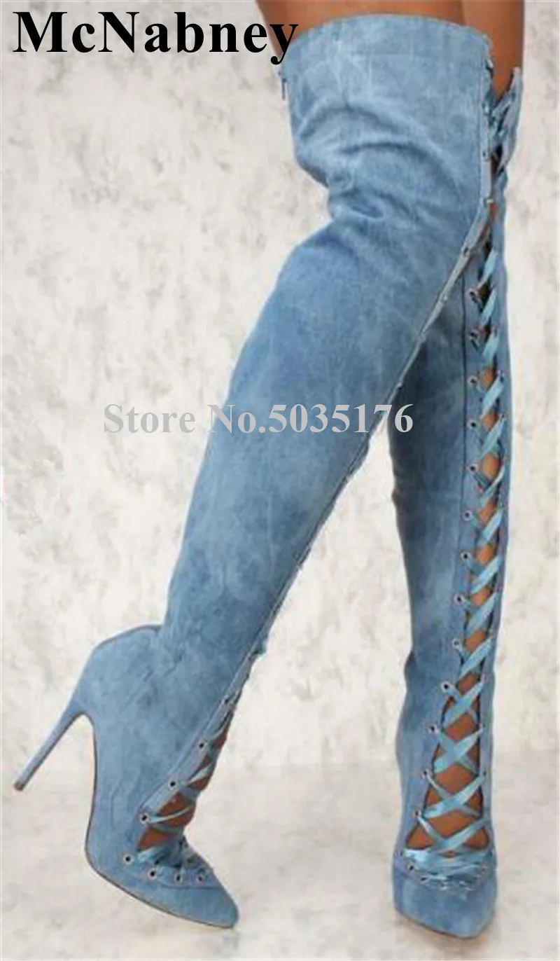 

European Fashion Solid Denim Pointed Toe Stiletto Heels Over Knee Boots Zip Cross-tied Slim Long Boots Spring/Autumn Women Shoes