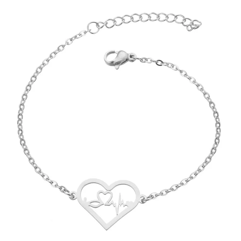 Yiustar Нержавеющая сталь двойной сердцебиение кардиограмма для женщин браслеты для девочек сердце любовь Pulseras подарки для медсестры сладкие ювелирные изделия - Окраска металла: love142s