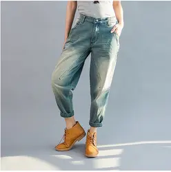Новинка 2019 г. синий хлопок середины талии джинсовые женские шаровары свободные повседневные винтажные джинсы брюки шаровары Y85