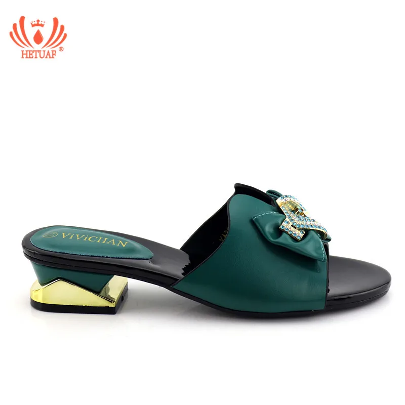 

2019 New Arrival Dark Green Color Shoes Women African Women Wedding Slipper Women Italian Party Pumps Low Heels Sandals Party