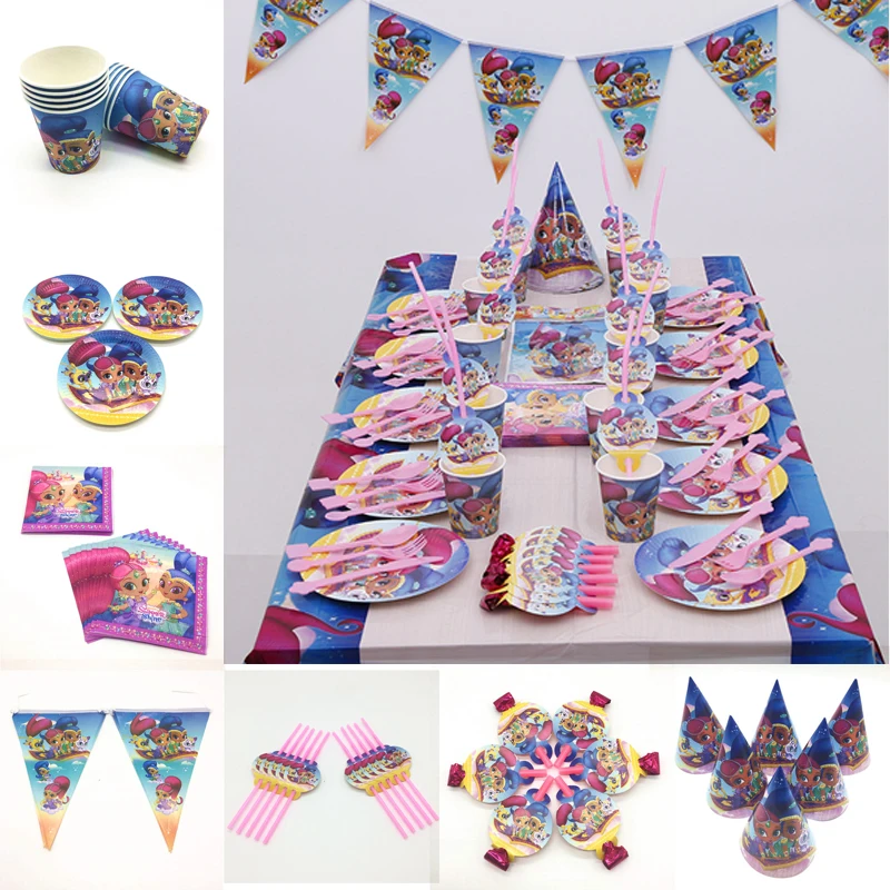 Shimmer Shine Theme 1Set Paper Cup Plate Napkin Gift Bag Girl Birthday Party Wedding Blowout Festival Banner Candy Box Supply