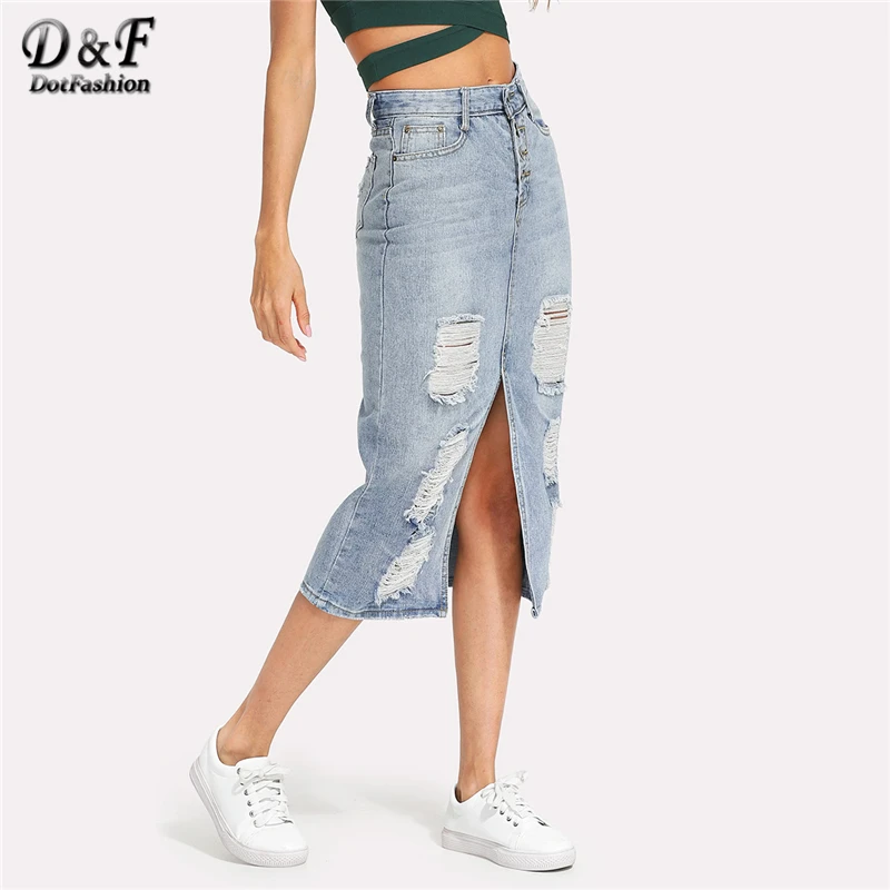 Koop Dotfashion Split Front Ripped Denim Rok 2018 Nieuwe Mode Zomer Lange Schede Rok Vrouwen Blauw Slit Mid Taille Casual Rok