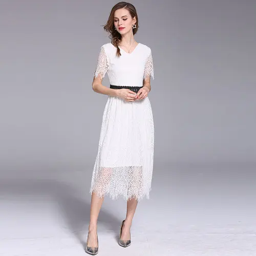 Summer Plus Size 4xl White Long Dress Women V Neck Short Sleeve Crochet Lace Floral Dress Female Fashion Casual Party Dresses