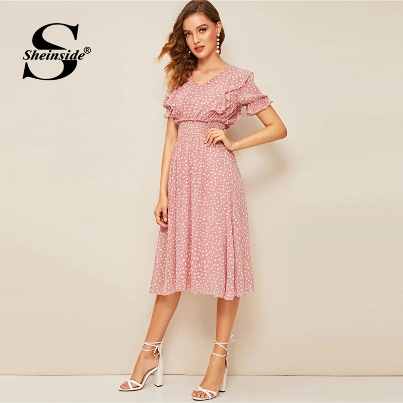 Sheinside Boho платье с v-образным вырезом и цветочным принтом для женщин, лето, рукав-волан, высокая талия, трапециевидные платья, женское платье миди в стиле бохо