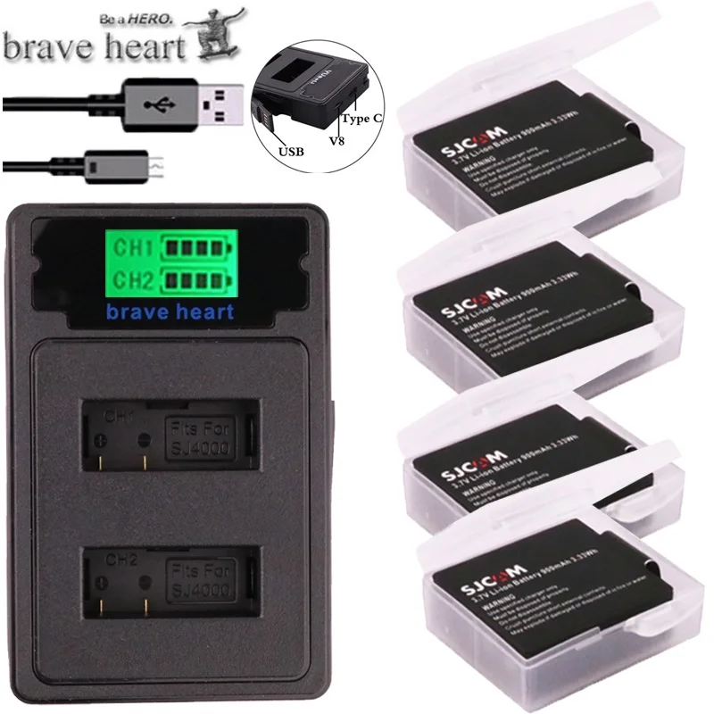 charger and 4battery Аккумулятор SJCAM sj4000+ sj 4000 sj 5000 sj 6000 Dual USB зарядное устройство для камеры sj4000 sj5000 sj6000 sj7000 SJ8000 SJ M10 - Цвет: charger and 4battery