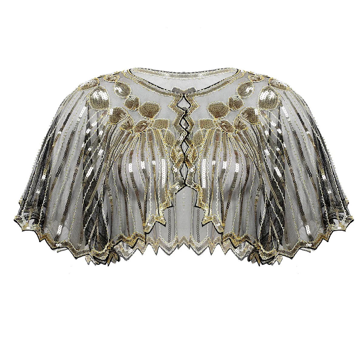 Women Scarves 1920s Flapper Embroidery Fringe Shawl Cover Up Gatsby Party Beaded Sequin Cape Vintage Mesh Scarf Wraps for Dress