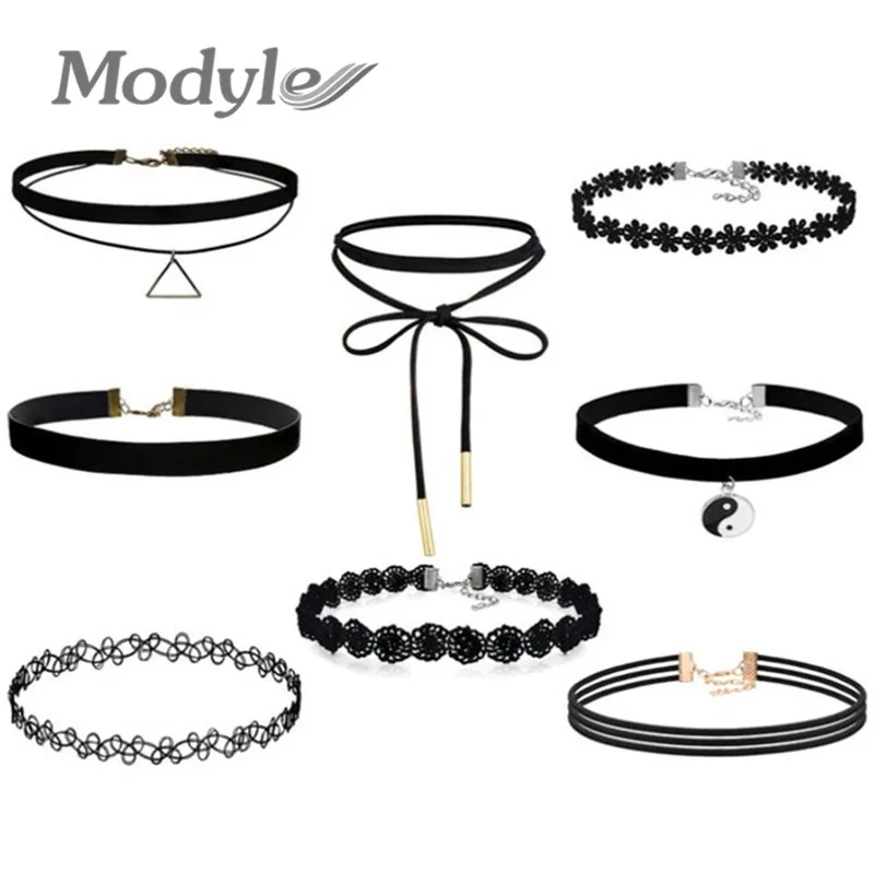 Mostyle, лучшее предложение, новая мода, 8 шт./набор, женский черный веревочный чокер, колье, стрейч, бархат, классика, готика, кружево, цепочка, ожерелье, s 1 комплект