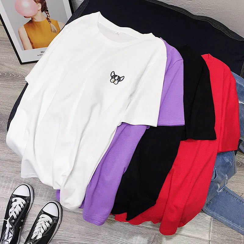 

2019 Summer short sleeves t-shirts cotton Embroidered dog high quality t shirts ladies casual t-shirt female tops tee wholesale