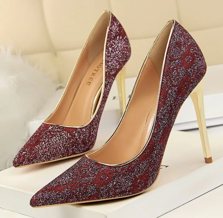 Bigtree Для женщин Летние Элегантные туфли-лодочки Свадебная вечеринка обувь с блестками на высоком каблуке шпильке Женственная Дамская обувь уличная модная обувь - Цвет: wine red