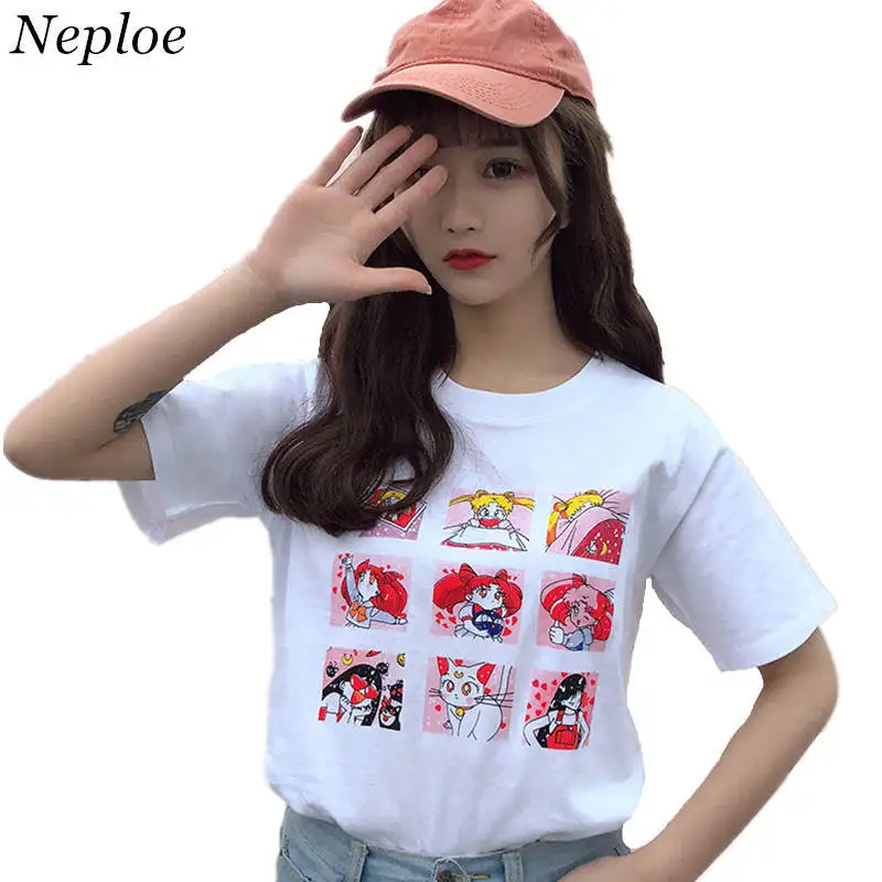 

Neploe White Cotton T Shirts Japanese Woman Tops 2019 Summer Sailor Moon Print T-shirt Sweet Short Sleeve O-neck Top Tee 35136