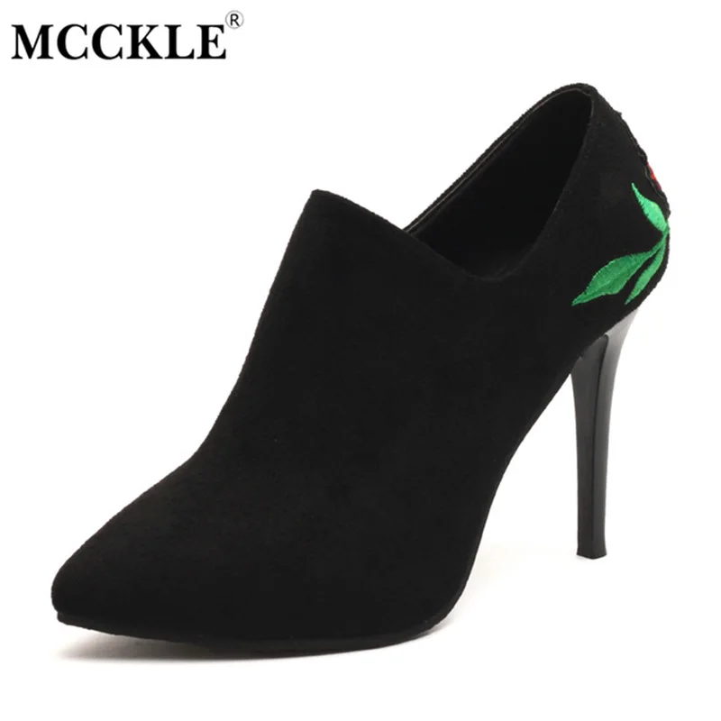 

MCCKLE Woman Zip Rose Flower Slip On Sexy Embroidery Pointed Toe High Heels Ladies Flock Style Shoes Female Fashion Autumn Pumps