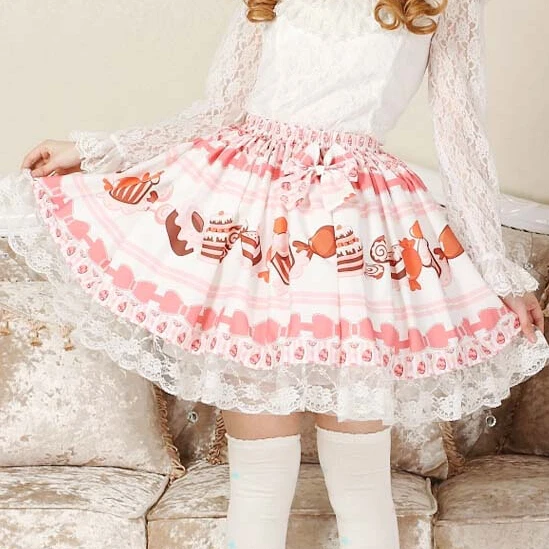 

Adomoe Baby Pink Candy Skirt Cute Cake printed Japan Kawaii Eelegant Lace Lolita skirt Princess SK Pretty Skirts for Women