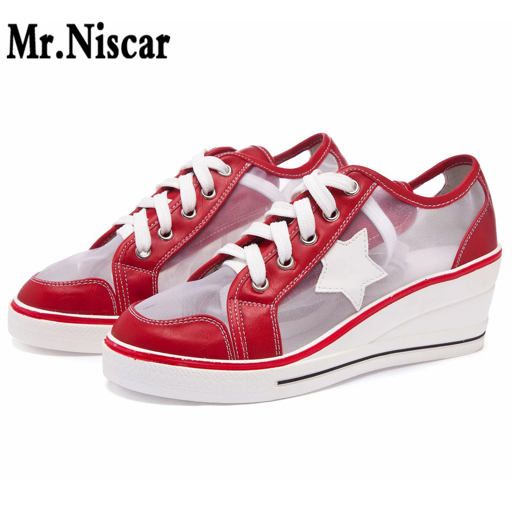 

Hollow Out Women Red Wedge Shoes Spring Summer Mesh Casual Sneakers Height Increase Breathable Platform Shoes Woman Flat Sole