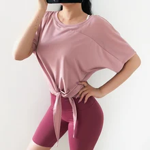 Женские сексуальные сетчатые рубашки для йоги с коротким рукавом, быстросохнущие футболки для фитнеса и тренировок, футболки для бега с круглым вырезом, не морщинки, завязанные узлом