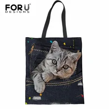 FORUDESIGNS, джинсовая, 3D, милая, с рисунком кота, роскошная, для женщин, большая, хозяйственная сумка, тоут, сумка для дам, льняная, сумка для женщин