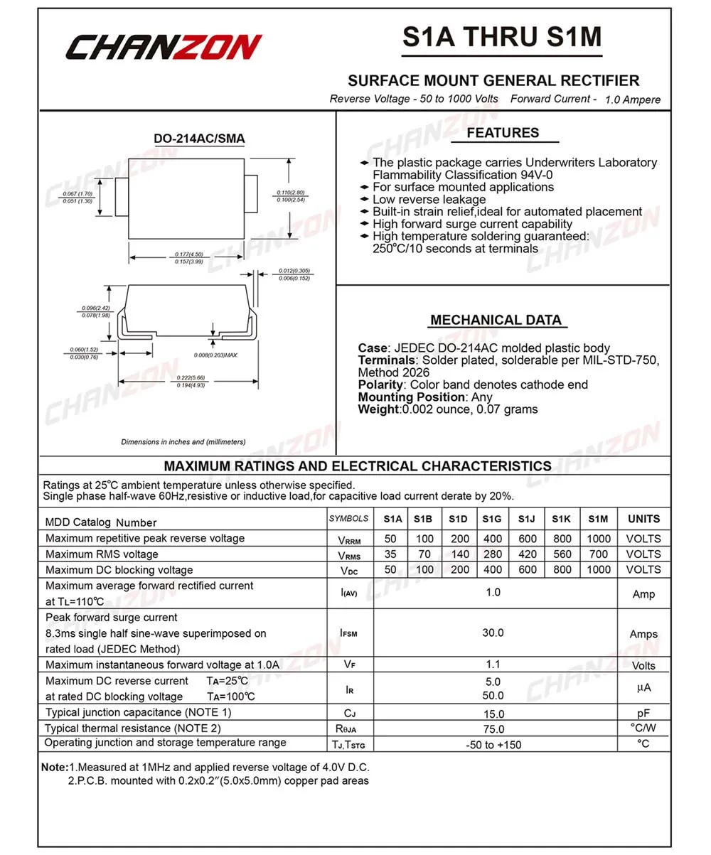 (100 шт.) S1M SMD выпрямительный диод 1A 1000 V SMA (DO 214AC) 1 Ампер Вольт электронные