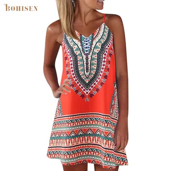 

BOHISEN Dashiki African Print Dresses For Women Skirt Sleeveless V-Neck Casual Female Clothes Formal Dress