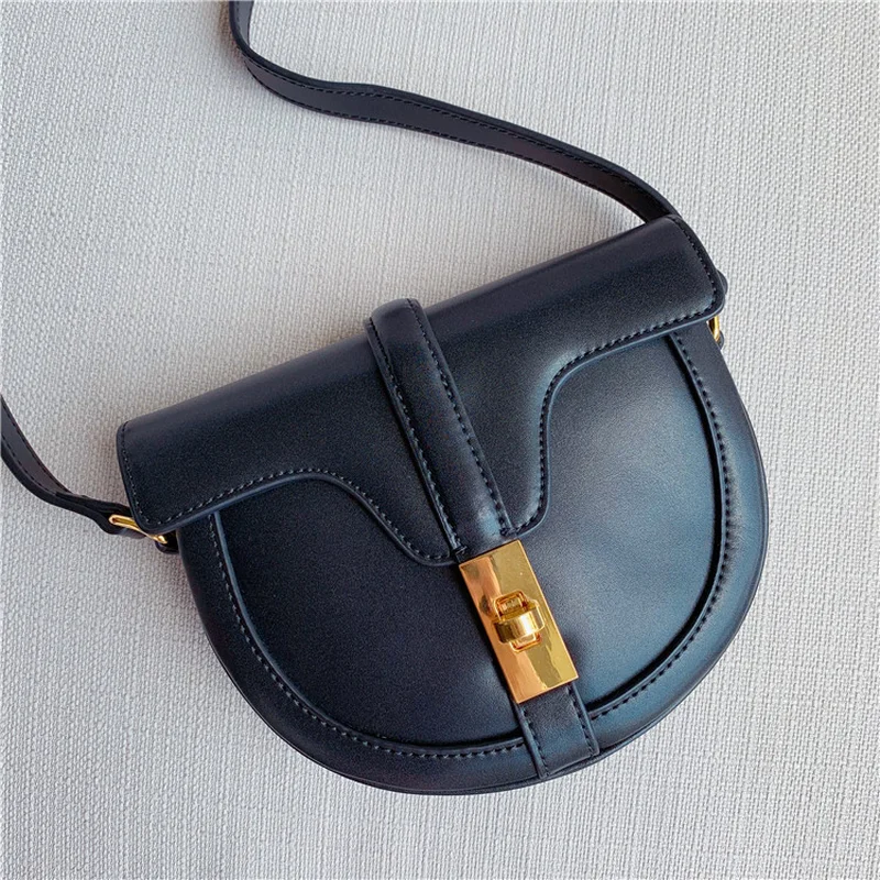 New Saddle bags Top Layer Calfskin Flip Collar Bag Retro Small Trumpet Single Shoulder Oblique Satchel