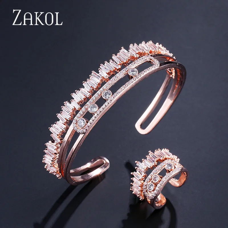 

ZAKOL Punk Style Unique Cuff Bangle And Ring Sets AAA Zircon micro Pave Hand Bracelet For Women Gift FSSP375
