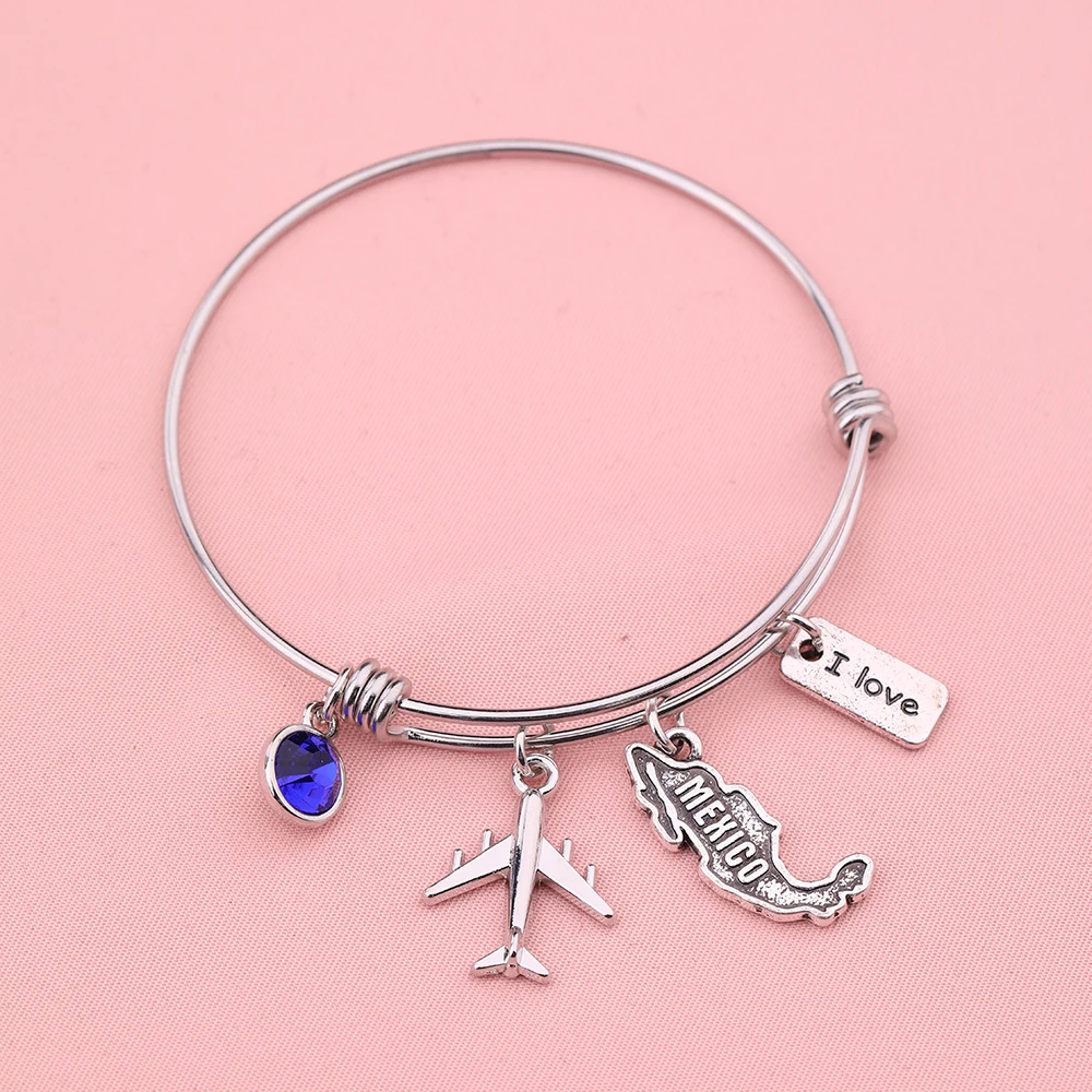 

My shape Mexico Map Pendant Bracelets for Women/Men Antique silver plated Jewelry I love Mexico Maps Airplane charms Bangles