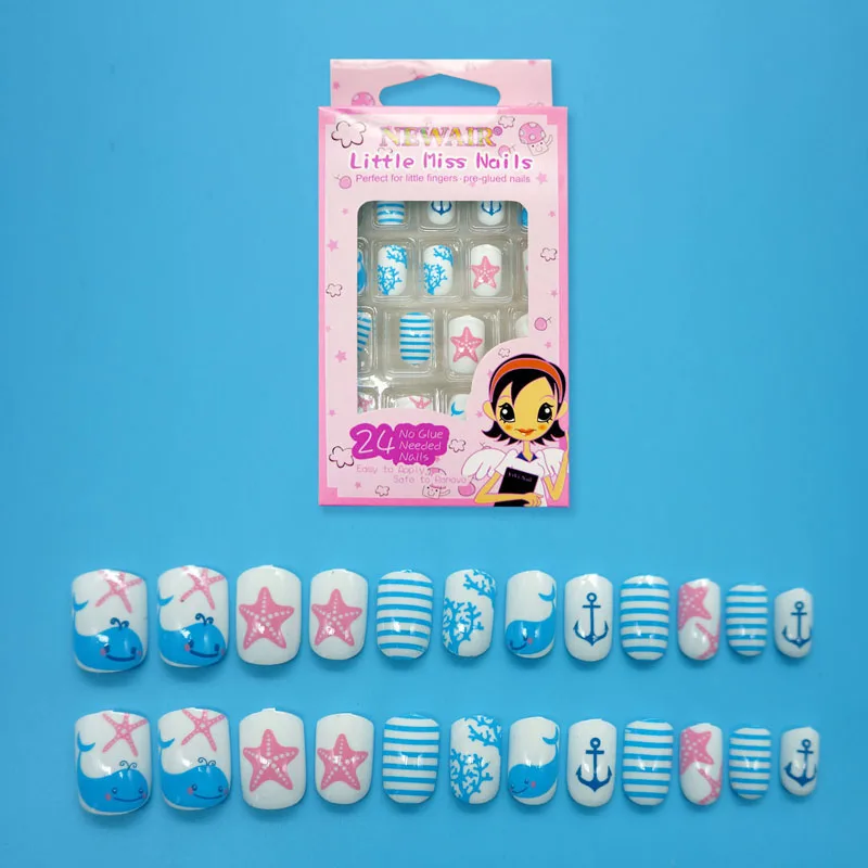 

Press on Children False Nails Cute Starfish Dolphin Faux Ongles Full Cover Pre-glue Fake Nails DIY Safety Manicure Accessories