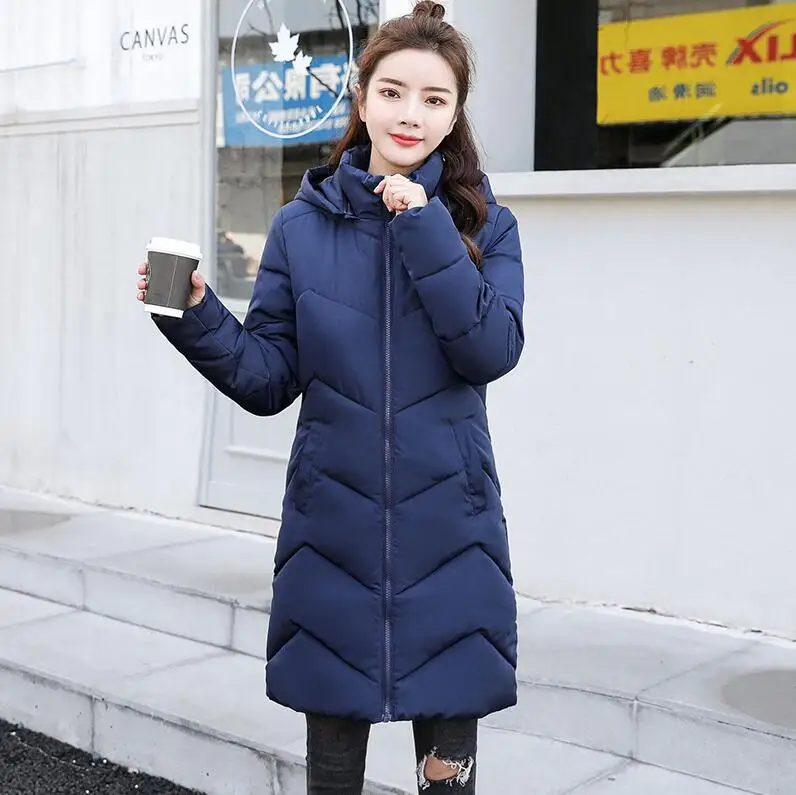 4XL 5XL 6XL Large Size Women Autumn Winter Coat Hooded Womans Down Jacket Red Wine Parkas Winter Jacket Female Warm Outerwear - Color: Navy Blue