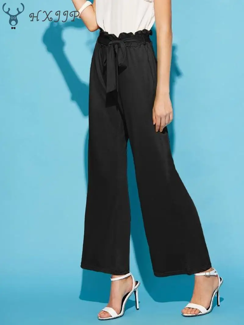 

HXJJP Self Belted Box Pleated Palazzo Pants Women Elegant Loose Long Pants 2018 Fall Ginger High Waist Wide Leg Pants