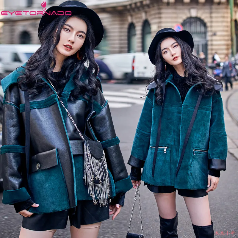 Women winter faux leather suede two sides reversible wear punk street jacket casual oversize warm bomber motorcycle jacket coat