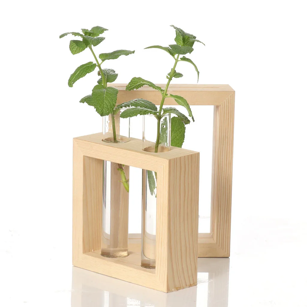 Creative Hydroponic Plant Transparent Vase Wooden Frame Coffee Shop Room Decor Flower Pot Transparent Vase Wooden Glass Tabletop