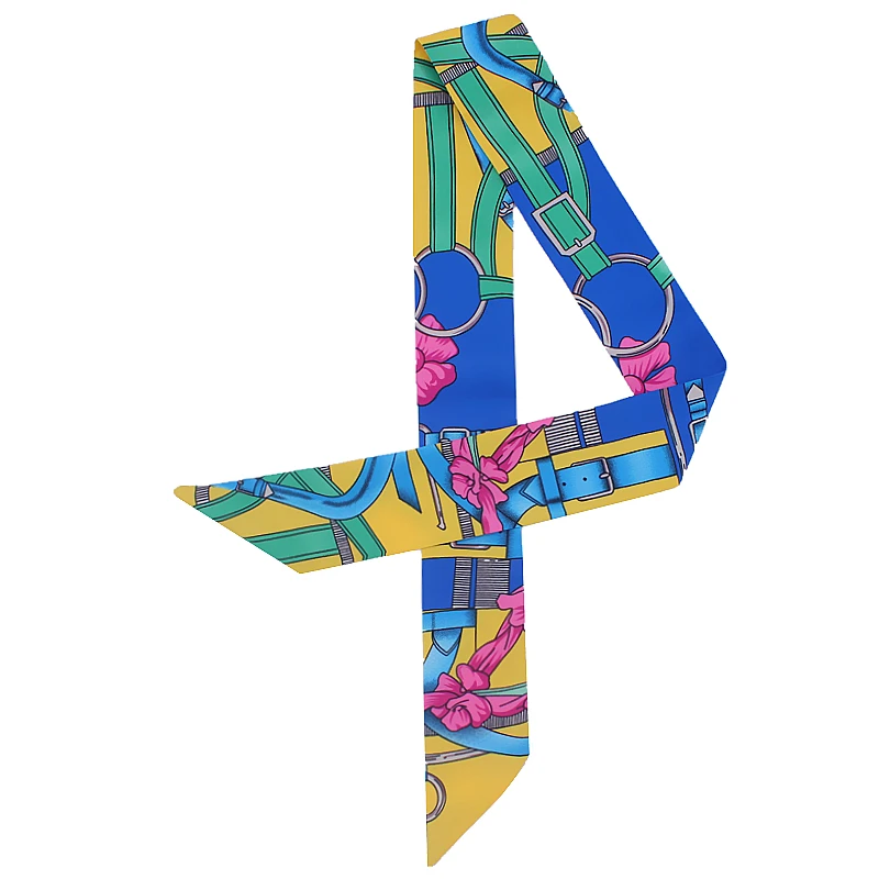 

POBING New Design Belt Chain Silk Scarf Women Head Scarf Brand Small Tie Handle Bag Ribbon Long Scarves Female Wraps 100*5CM
