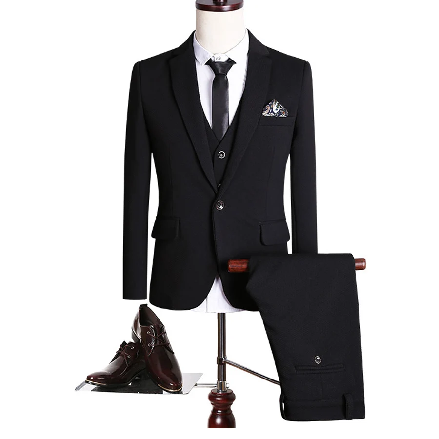(Jacket+Pant+Vest) Luxury Black Suits Men High Quality Fashion Brand