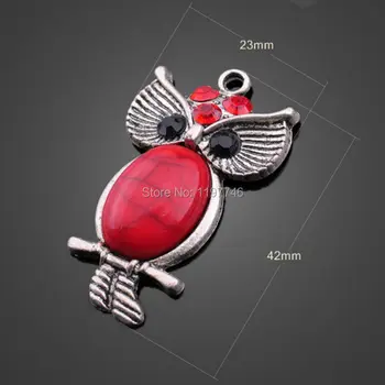 

Free shipping Fashion 23x42mm 20pcs Red Gem Night Owl Pendant Vintage Silver Plated Animal Bird Pendant For DIY Necklace