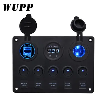 

WUPP 12V Power Outlet 5 Gang ON-OFF Toggle Switch Panel Cigarette lighter Charger Dual USB Socket Voltmeter for Car Truck Camper