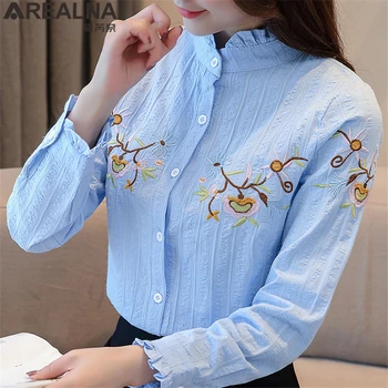 

Womens Tops and Blouses Vintage Embroidery Flower Blusas Mujer De Moda 2019 Kimono Ruffle Collar Cotton White Blue Women's Shirt
