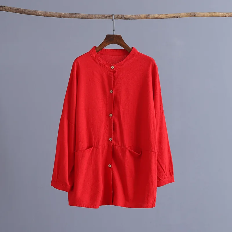 Новинка, Женская Льняная блуза, винтажная, плюс размер, летняя рубашка с длинным рукавом, красная, черная, белая, блузка, топы C199 - Цвет: Красный