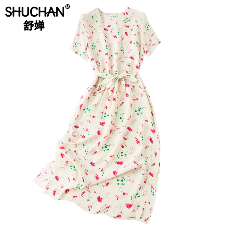 

Shuchan Prairie Chic Print Dress Sashes Mid-Calf Natural Silk A-Line O-Neck Elegant Dresses for Women Ladies Office Wear A0716