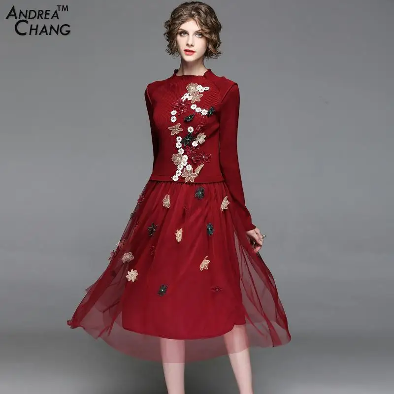 

2017 New Arrival Autumn Winter Woman Dress Beading Flower Embroidery Applique Knitted Top Gauze Bottom Black Wine Red Long Dress