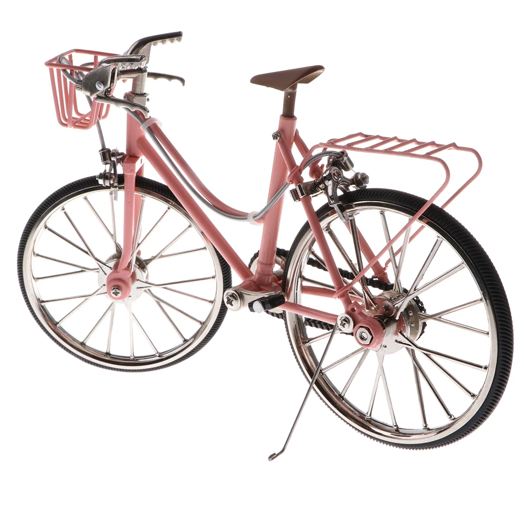 

1/10th Miniature Alloy Racing Bike Cycling Toy Bicycle w/Basket & Seat Diecast Vehicle Model Showcase Display Pink