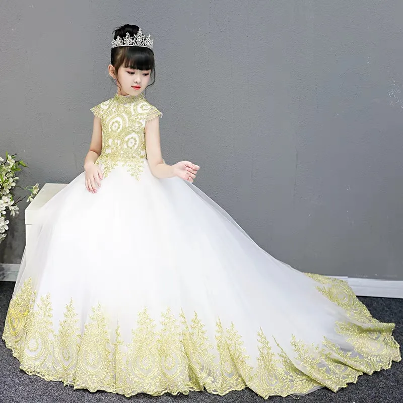 Aliexpress Luxury Children S Model Catwalk Evening Party Luxury Children S Model Catwalk Evening Party Embroidery Lace Fluffy Long Tail Dress Kids Birthday Wedding Prom