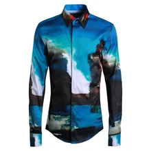 Принт нефрита чернил стирка фотографии Модные Для мужчин модные Повседневное рубашки квадратный воротник высокого качества Длинные рукава Большие размеры M-4XL