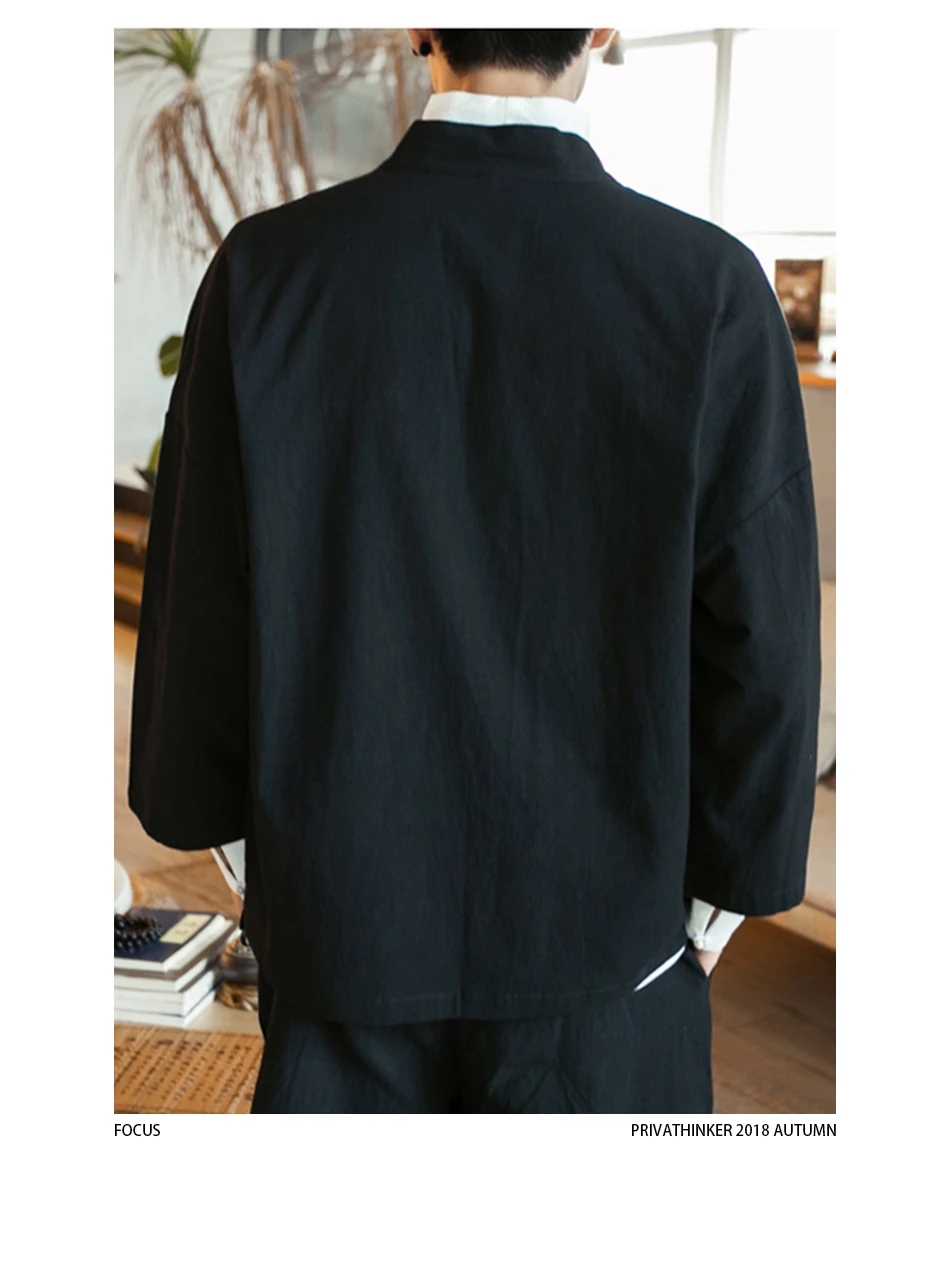 Sinicism магазин хлопок Мужские льняные рубашки кимоно традиционные Открыть стежка рубашка пояс карман мужской три четверти рукав Harajuku