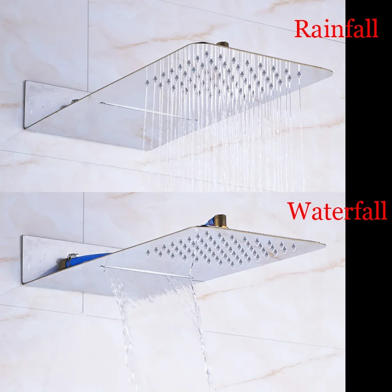Золотая насадка для душа, большой дождевой водопад, светодиодный насадка для душа, черный светодиодный смеситель для ванны, смеситель для душа для ванной комнаты, квадратный верх над распылителем