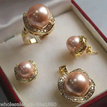 

10mm &14mm Light Pink South sea Shell Pearl Earrings Ring Necklace Pendant Set Crystal Women Wedding